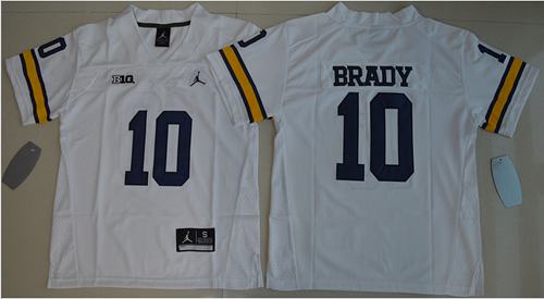 Wolverines #10 Tom Brady White Jordan Brand Stitched Youth NCAA Jersey - Click Image to Close